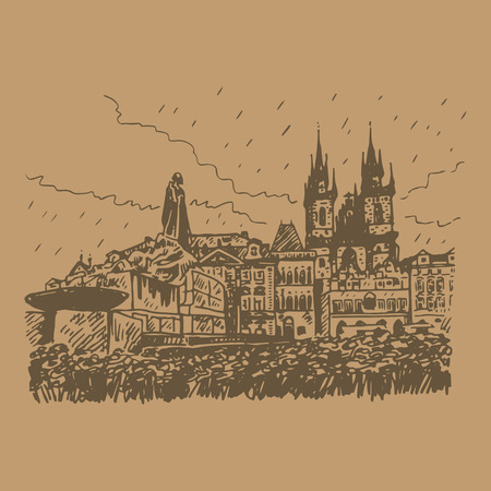 Monument of Jan Hus and Tyn Cathedral of the Virgin Mary. Old town square in Prague, Czech Republic. Vector hand drawn sketch.のイラスト素材