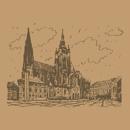St. Vitus Cathedral in Prague, Czech Republic. Vector hand drawn sketch.のイラスト素材