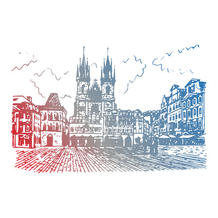 Old Town Square in Prague, Czech Republic. Vector hand drawn sketch.のイラスト素材
