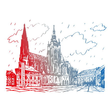 St. Vitus Cathedral in Prague, Czech Republic. Vector hand drawn sketch.のイラスト素材