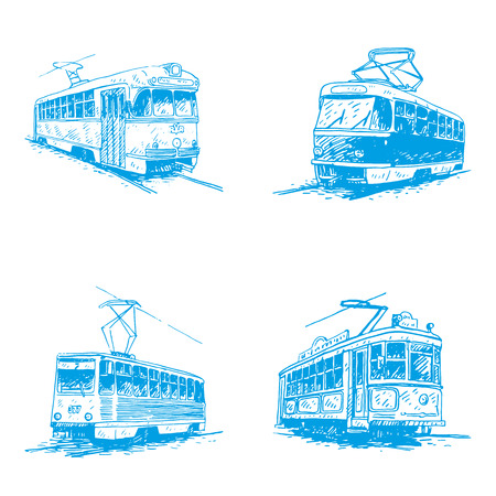 Set of retro trams. Picture of vintage transport. Old times. Vector hand drawn sketch.のイラスト素材