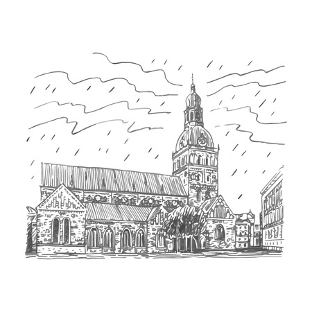 The Evangelical Lutheran cathedral in Riga, Latvia. Vector freehand pencil sketch.のイラスト素材