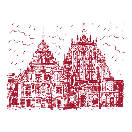 The historic House of the Blackheads and statue of Saint Roland in the old town of Riga, Latvia. Vector freehand pencil sketch.のイラスト素材