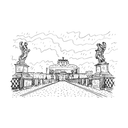 Saint Angel Castle and bridge over the Tiber river in Rome, Italy. Vector hand drawn sketch.のイラスト素材