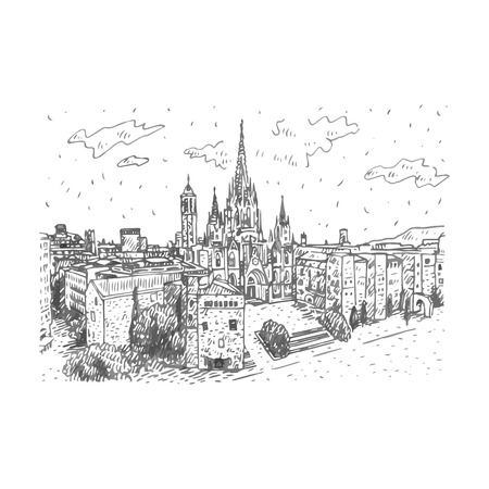 The Cathedral of the Holy Cross and Saint Eulalia in Barcelona, ??Spain. Drawn pencil sketch. Vector fileのイラスト素材