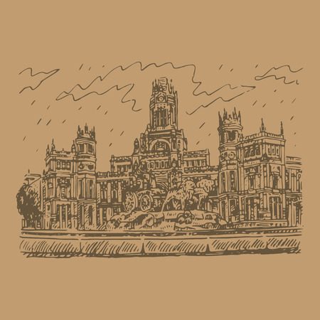 Cybele Palace and fountain at the Plaza Cibeles in Madrid, Spain. Drawn pencil sketch. Vector fileのイラスト素材