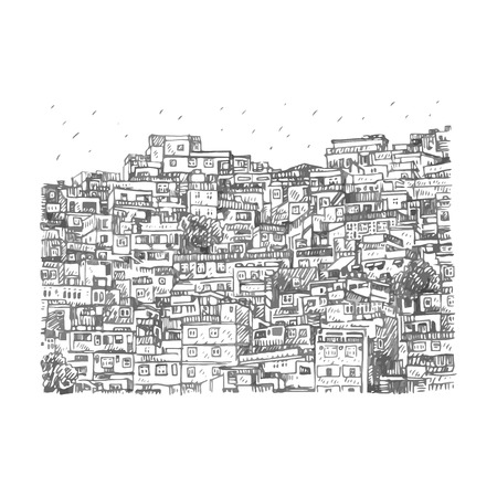 Favela, Brazilian slum in Rio de Janeiro, Brazil. Vector freehand pencil sketch.のイラスト素材