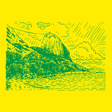 The mountain Sugar Loaf and Guanabara bay in Rio de Janeiro, Brazil. Vector freehand pencil sketch.のイラスト素材