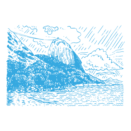 The mountain Sugar Loaf and Guanabara bay in Rio de Janeiro, Brazil. Vector freehand pencil sketch.のイラスト素材