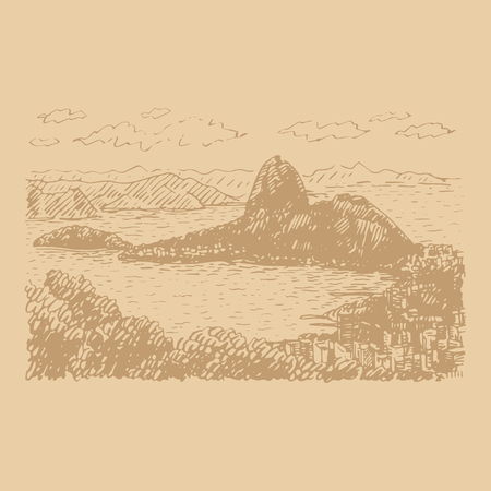 View of Sugar Loaf in Rio de Janeiro, Brazil. Vector freehand pencil sketch.のイラスト素材