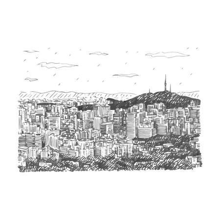 Seoul City Skyline and Seoul Tower in Seoul, South Korea. Sketch by hand. Vector illustrationのイラスト素材
