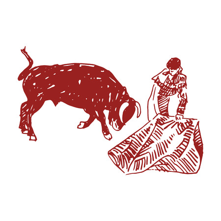 Corrida, bullfighting in Spain. A bullfighter awaiting for the bull. Hand drawn pencil sketch. Vector illustrationのイラスト素材