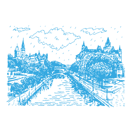View of the Canal and the Parliament of Canada, Ottawa. Hand drawn sketch. Vector illustrationのイラスト素材