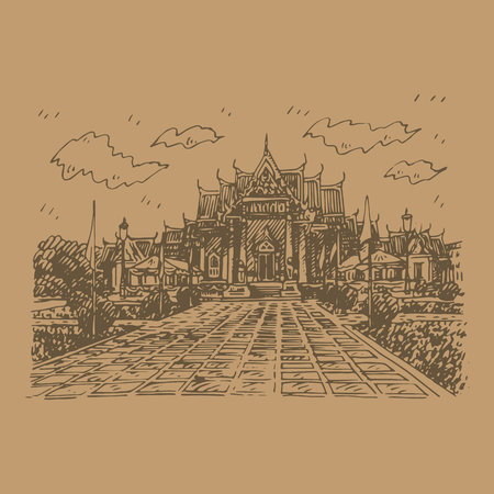 The Marble Temple (Wat Benchamabopit Dusitvanaram) in Bangkok, Thailand. Buddhist temple. Sketch by hand. Vector illustrationのイラスト素材