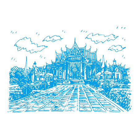 The Marble Temple (Wat Benchamabopit Dusitvanaram) in Bangkok, Thailand. Buddhist temple. Sketch by hand. Vector illustrationのイラスト素材