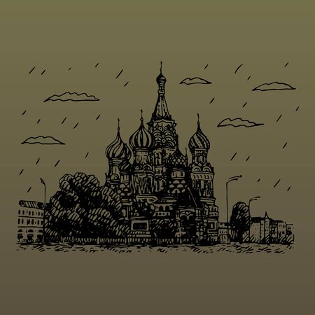 View of St. Basil's Cathedral on the Red Square in Moscow, Russia. Sketch by hand. Vector illustrationのイラスト素材