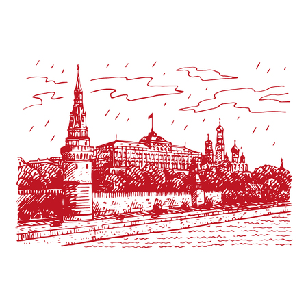 View of Moscow Kremlin and Moscow River, Russia. Sketch by hand. Vector illustrationのイラスト素材