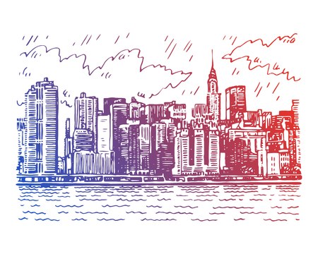Panoramic view of Manhattan, New York, USA. Sketch by hand. Vector illustration. Engraving styleのイラスト素材