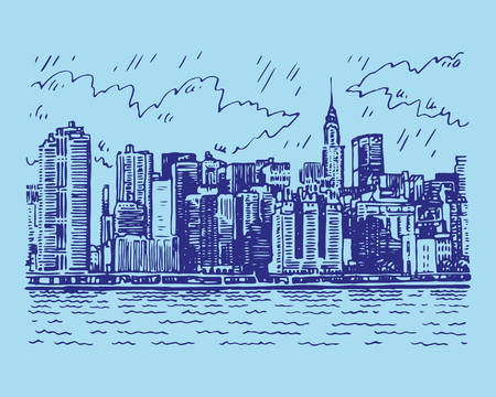 Panoramic view of Manhattan, New York, USA. Sketch by hand. Vector illustration. Engraving styleのイラスト素材
