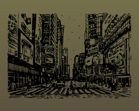 Times Square in New York, USA. Sketch by hand. Vector illustration. Engraving styleのイラスト素材