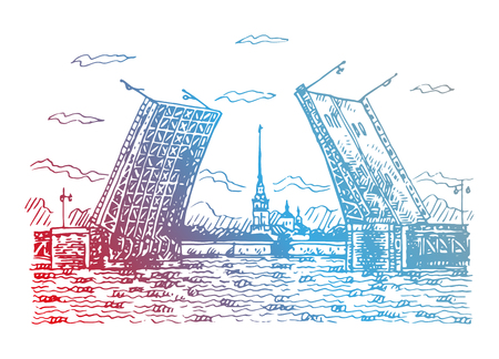 Bridge of Peter and Paul Fortress - symbol of Saint Petersburg, Russia. Sketch by hand. Vector illustration.のイラスト素材