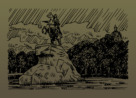 Monument to Peter the Great (Bronze Horseman). Senate Square in Saint Petersburg, Russia. Sketch by hand. Vector illustration.のイラスト素材