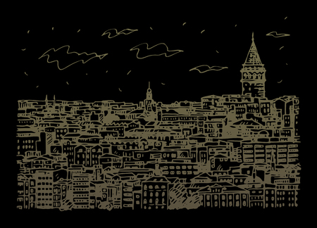 Istanbul cityscape with Galata Tower. Sketch by hand. Vector illustration.のイラスト素材