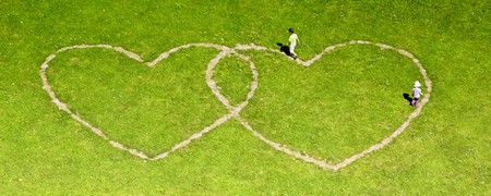 Heart of love on the green meadowの写真素材