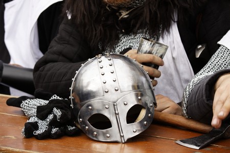 Knights helmet on the table at the tournamentの写真素材