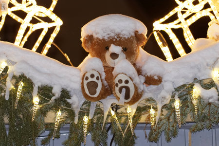 Teddy Baer in snow on the Christmas marketの写真素材