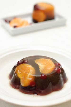 Fruit jelly with mandarin orange and cranberry on white plate