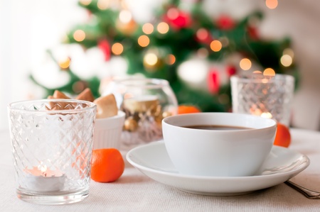 A cup of hot coffee on Christmas morningの写真素材