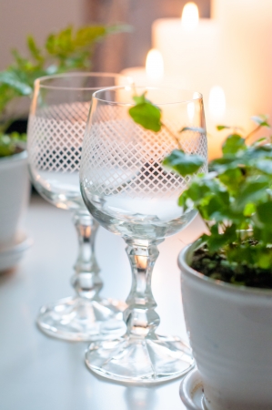 Two empty vintage wine glasses, candles and green plants on a tableの写真素材