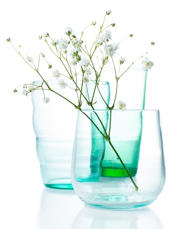 Three different multi-colored vintage glasses with flowers on a white background, isolatedの写真素材
