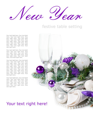Festive Christmas table setting, table decoration in purple tones, with fir branches, Christmas balls on a white background, isolatedの写真素材