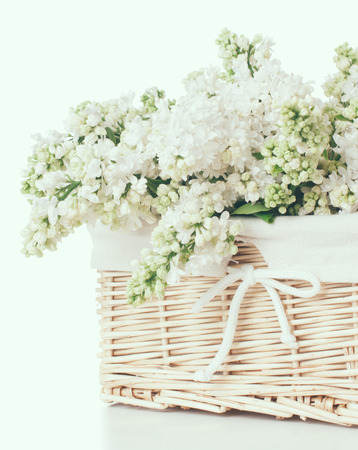Fresh spring bouquet of white lilac flowers in a wicker basket, shabby chic home decor in a rustic style, vintage faded colors.の写真素材