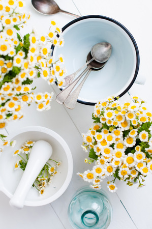 Chamomile flowers, white enamelled cookware, glass bottles, vintage spoons on a white wooden background, cozy home rustic decor, vintage country livingの写真素材