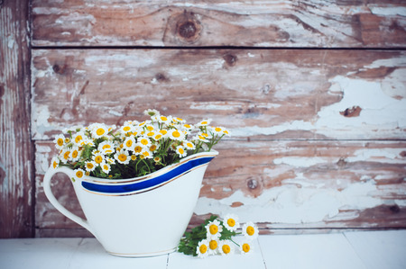Chamomile flowers in vintage ceramic gravy boat on a wooden background, home rustic decorの写真素材