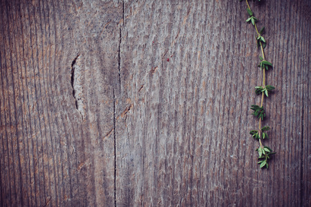 thyme herb on an old wooden board.の写真素材