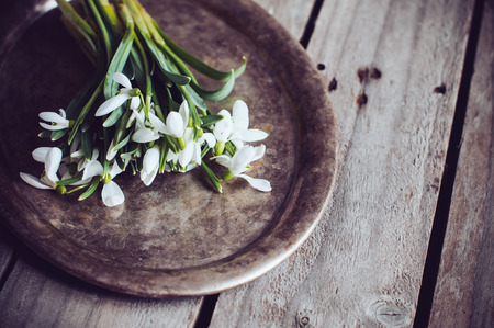 Bouquet of spring flowers snowdrops on a vintage tray on an old wooden boardの写真素材