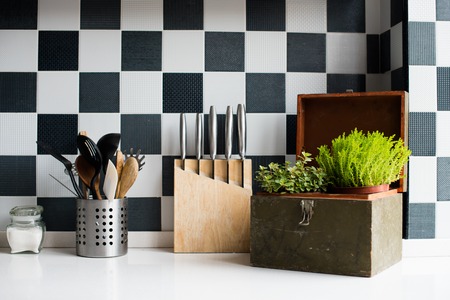 Kitchen utensils, decor and kitchenware in the modern kitchen interior close-up