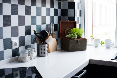 Kitchen utensils, decor and kitchenware in the modern kitchen interior close-up Kitchen utensils, decor and kitchenware in the modern kitchen interior close-up