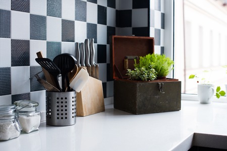 Kitchen utensils, decor and kitchenware in the modern kitchen interior close-upの写真素材