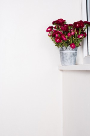Red flowers in metal vase in a windowsill, home interior decoration background with copy space.の写真素材