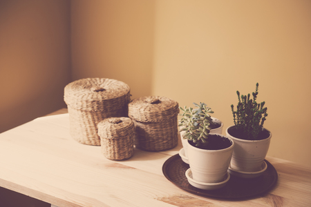 Cozy vintage home decoration: green plants and decorative wicker boxes on a table by the wall background.の写真素材