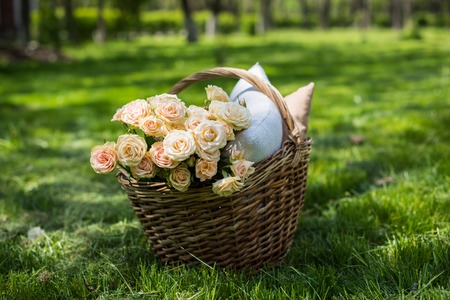 Spring picnic in a park, wicker basket with flowers and pillows on the fresh green grass, relaxing on vacationの写真素材