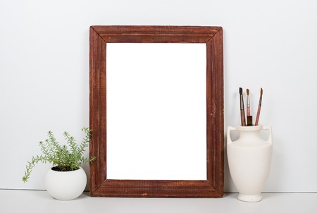 Beautiful empty old vintage art frame on white background, simple interior decor mock-up