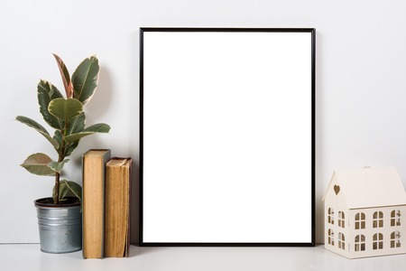 Styled tabletop, empty frame, painting art poster interior mock-up isolated closeup