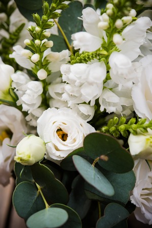 Elegant white bouquet of flowers and leaves macro closeup shotの写真素材