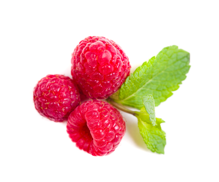 Fresh ripe raspberries macro shot on white background isolated, red summer fruit